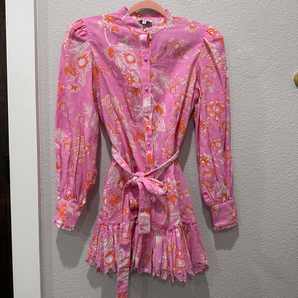 Hemant and Nandita Cotton Linen Petite Mini Orange Pink Long Sleeve Dress Small